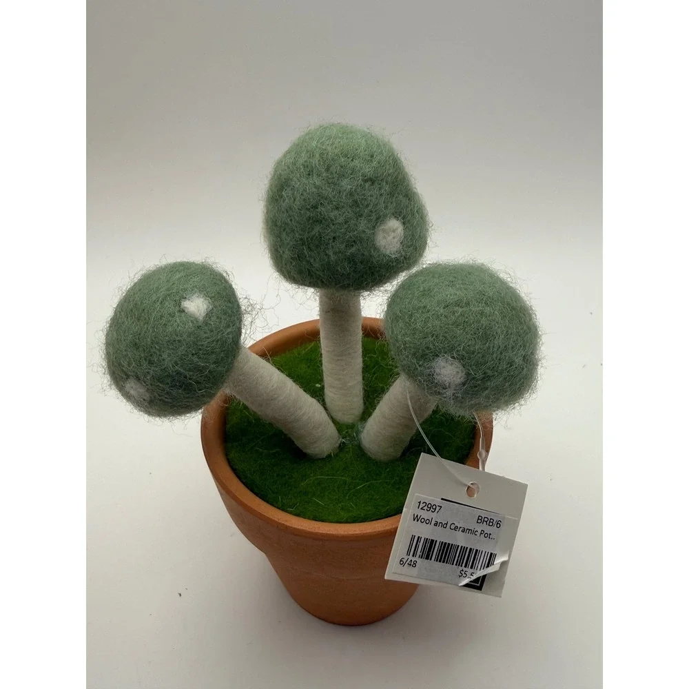 Wool and Ceramic Potted Mushroom Decor Set Orange Green Felted Toadstools 2pc